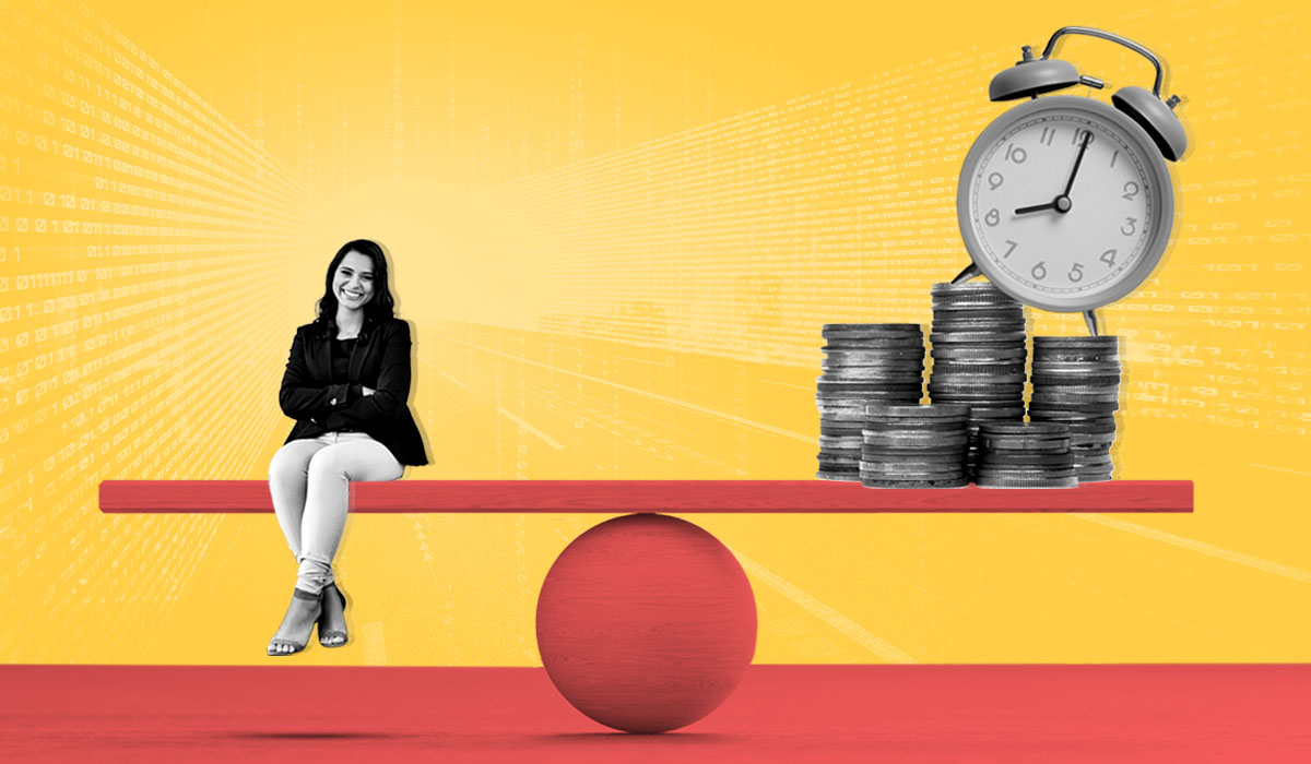 A seesaw scale with an employee on one side and a stack of coins and a clock on the other, representing how to measure employee productivity.