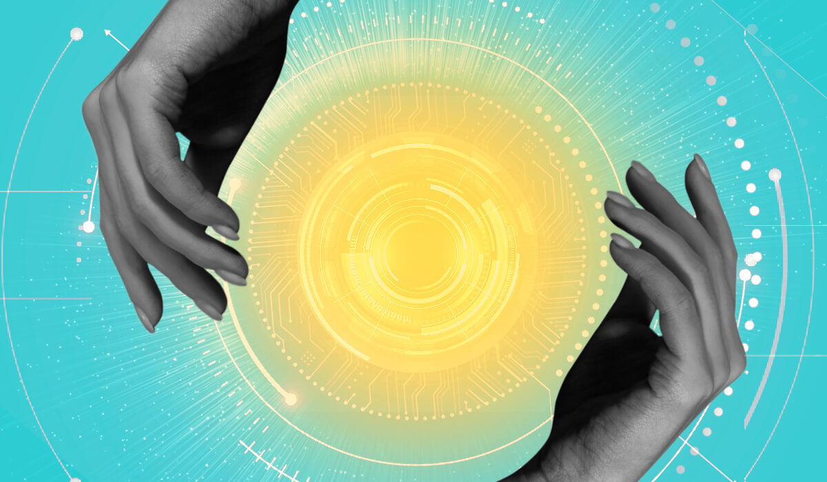 Two hands swirling around a yellow center of information representing HR analytics reporting.